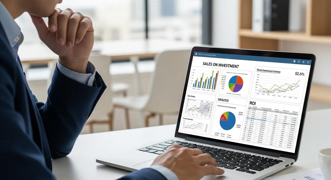 Professional reviewing sales performance metrics and ROI on a laptop
