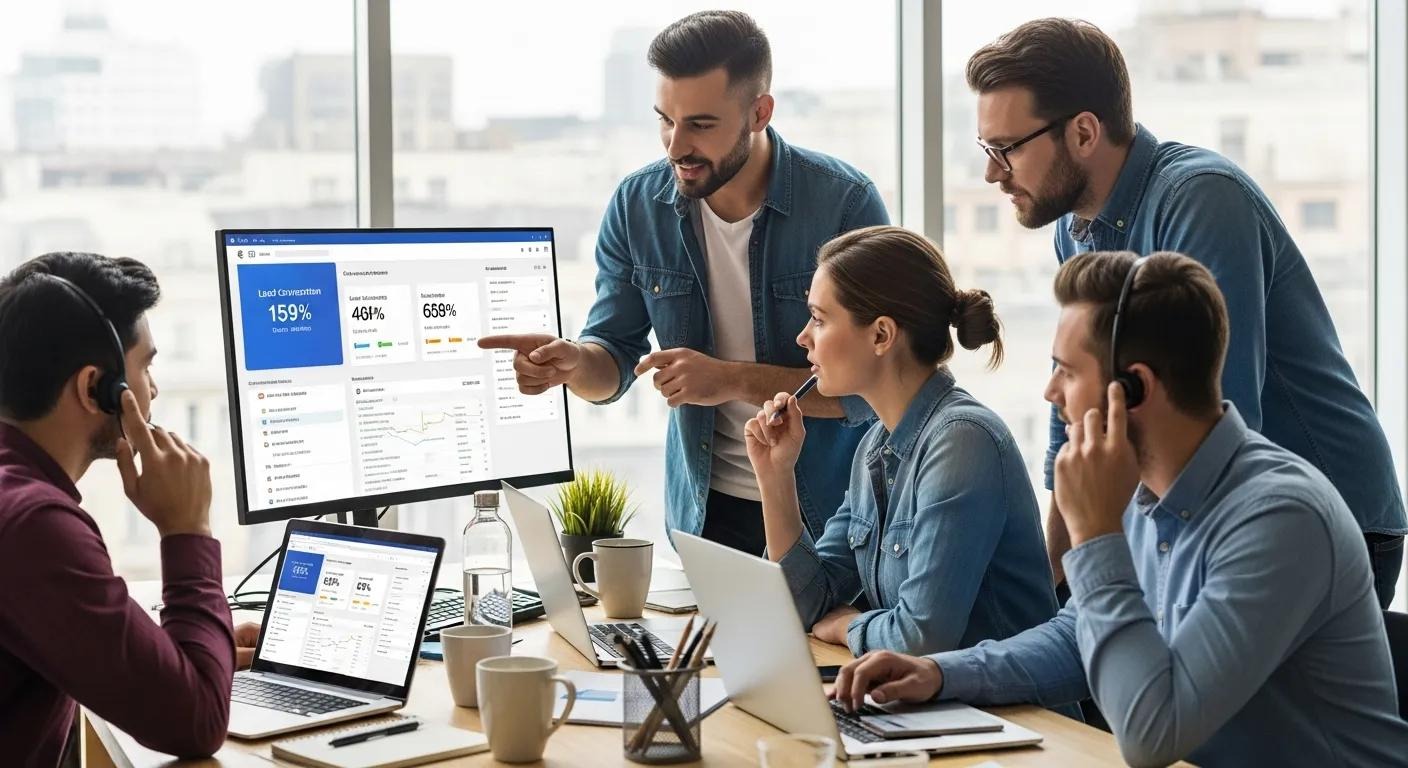 Outsourced sales team collaborating in an office — focused on lead conversion and consistent outreach