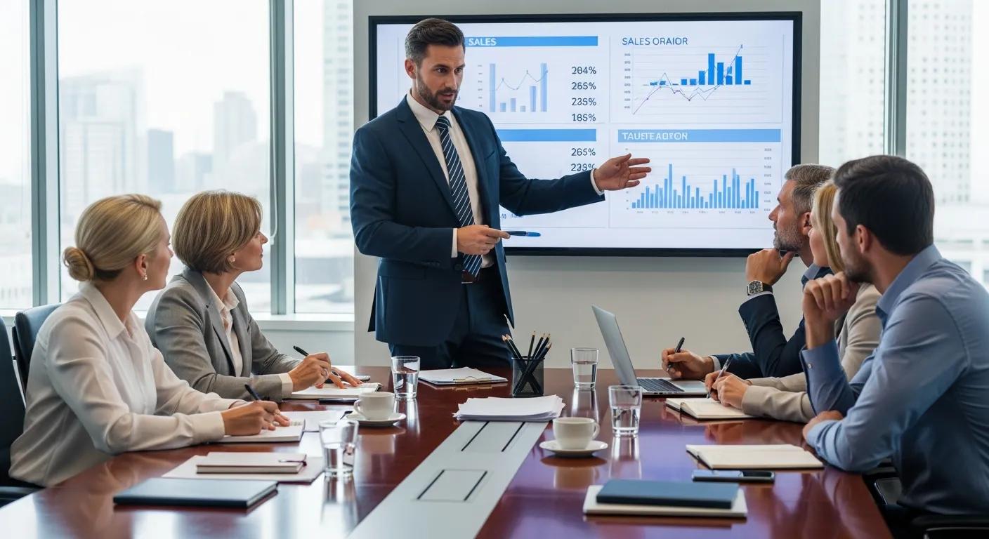 Sales team leader presenting growth metrics and conversion data to professionals in a boardroom meeting