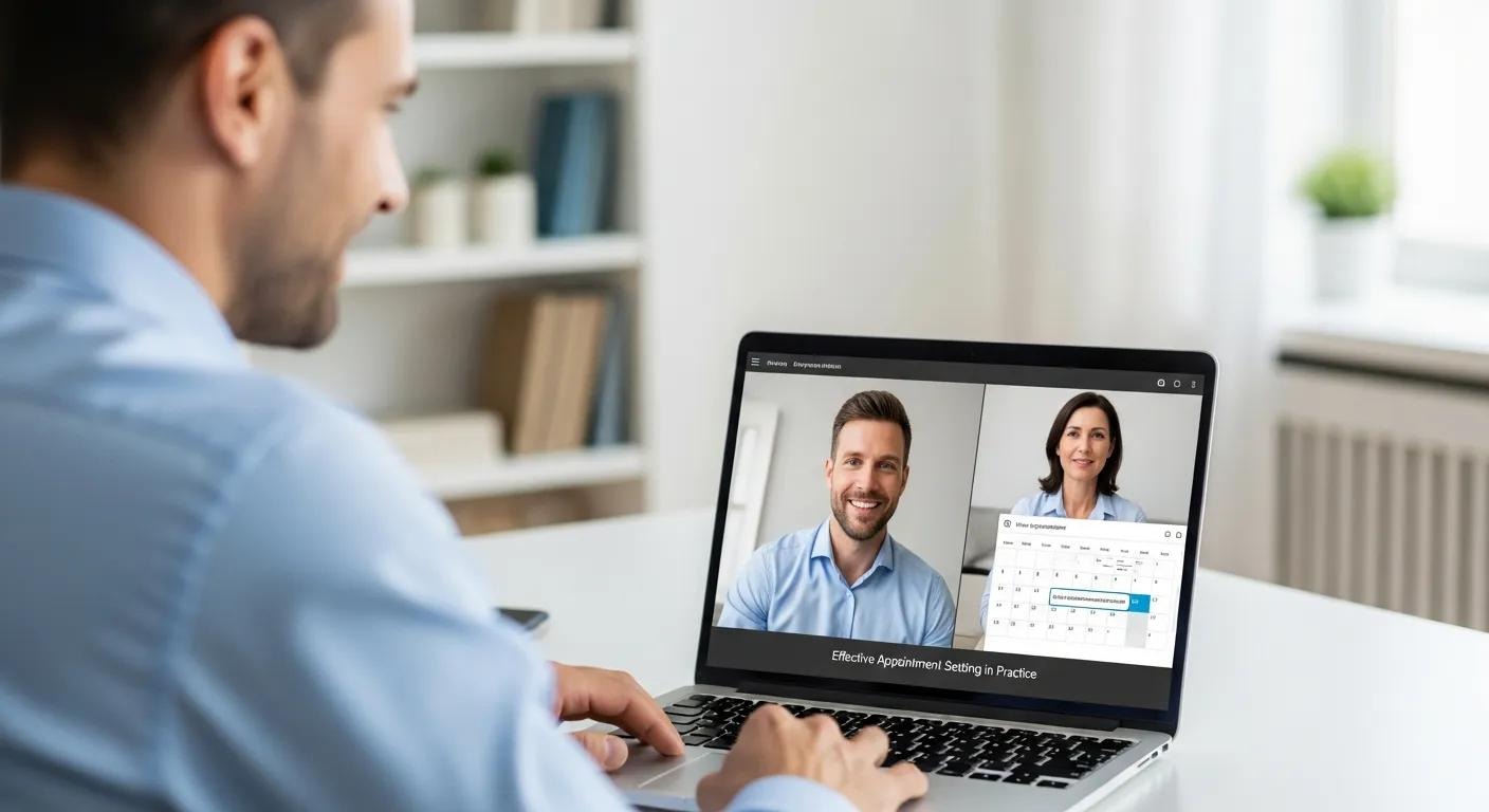 Salesperson engaging with a client over a video call—effective appointment setting in practice