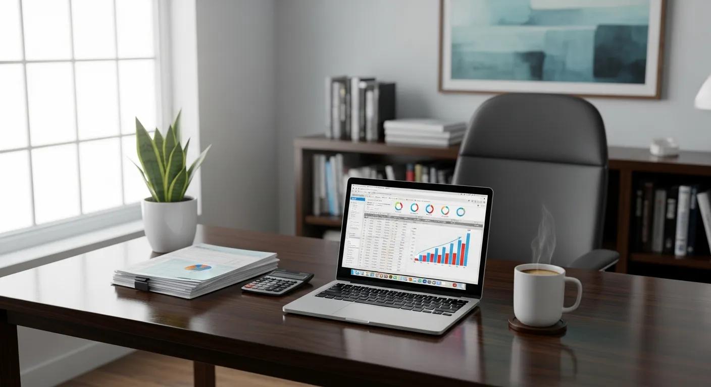 Laptop displaying CRM dashboard with sales growth charts on a tax practice office desk with calculator and financial reports.