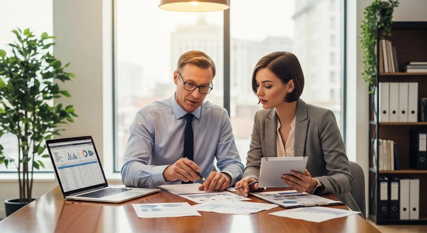Accountant and sales consultant reviewing an outsourced sales plan in an office