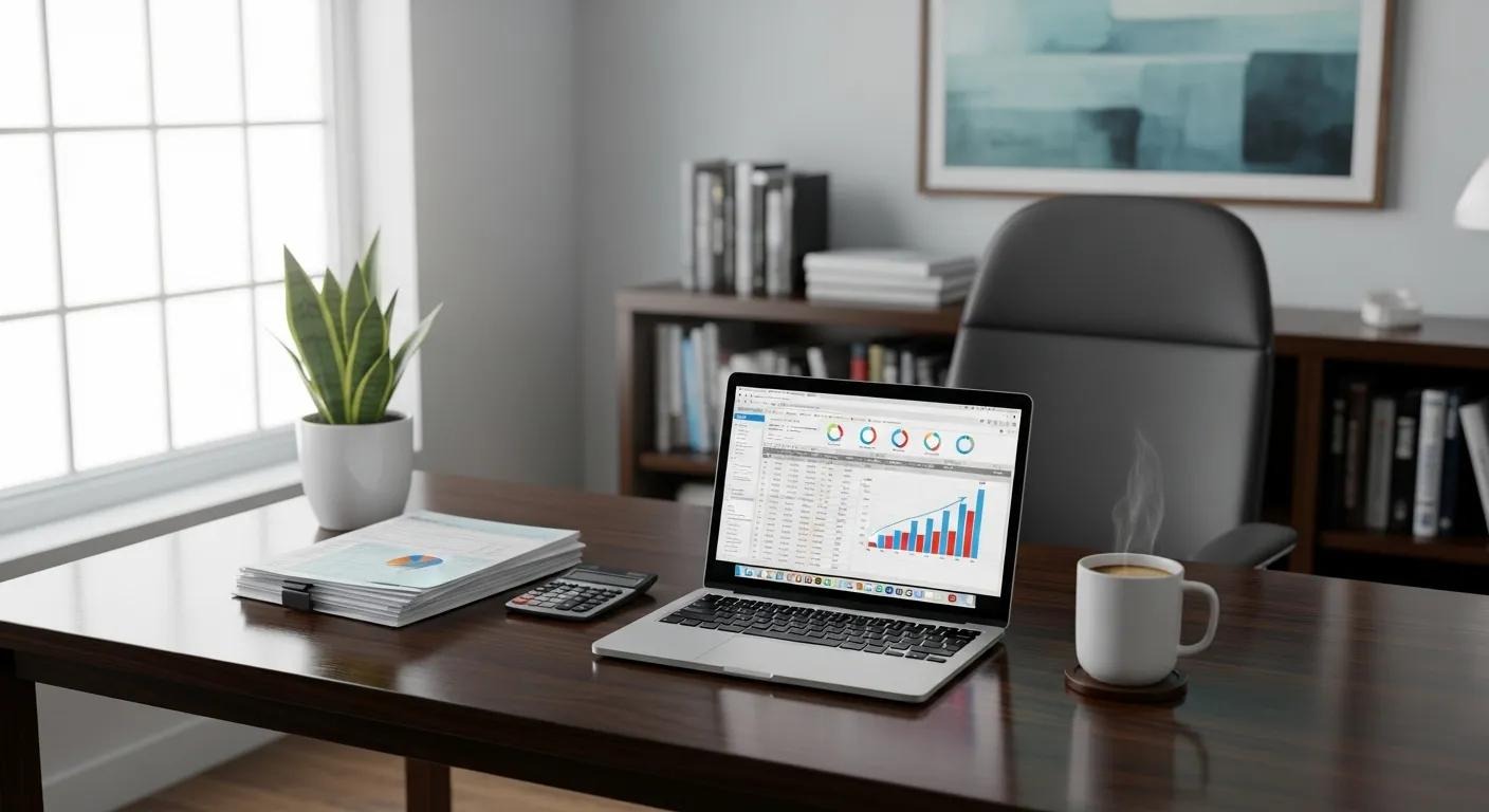 Tax office workspace with laptop and coffee — ready for growth