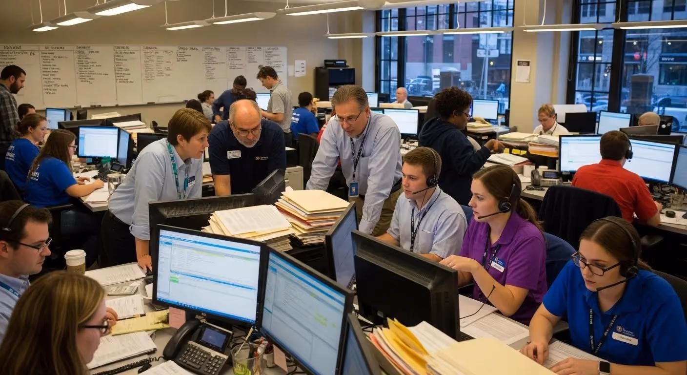 Team collaborating in a tax office — seasonal staffing in action