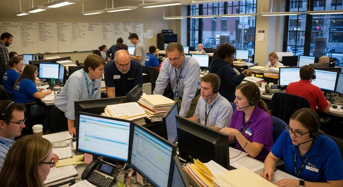 Team collaborating in a tax office — seasonal staffing in action