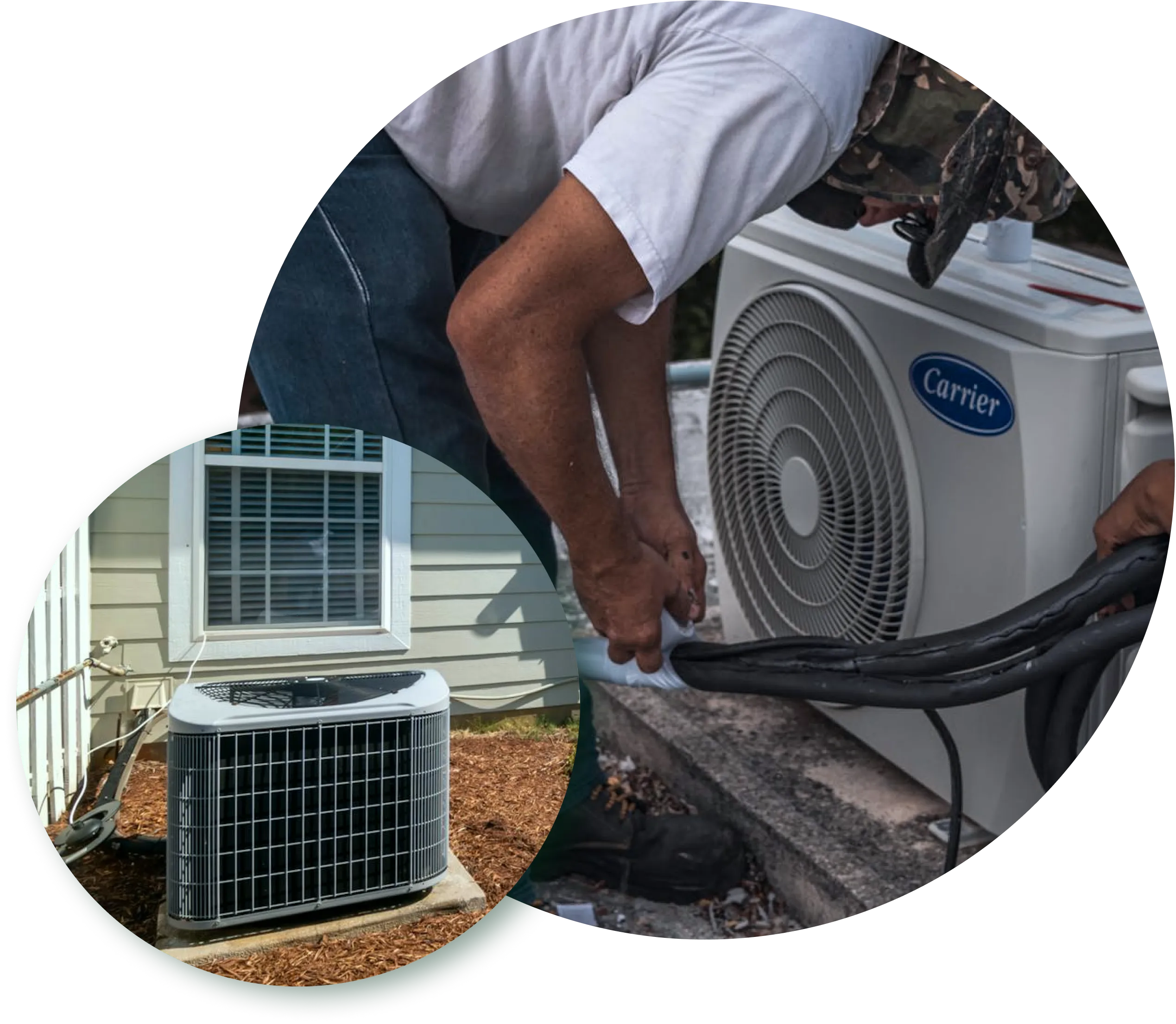 A two part bubble image. One depicts an outdoor HVAC unit sitting near a home in the sunlight. The other pictures a contractor bent over an HVAC unit, performing repairs.