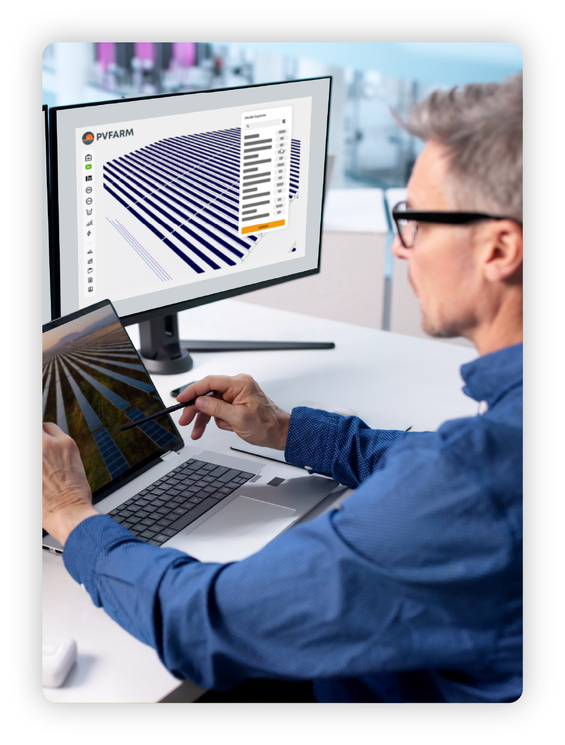 Engineer reviewing a utility-scale solar layout in PVFARM