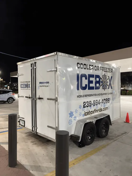 A icebox truck parked in a parking lot