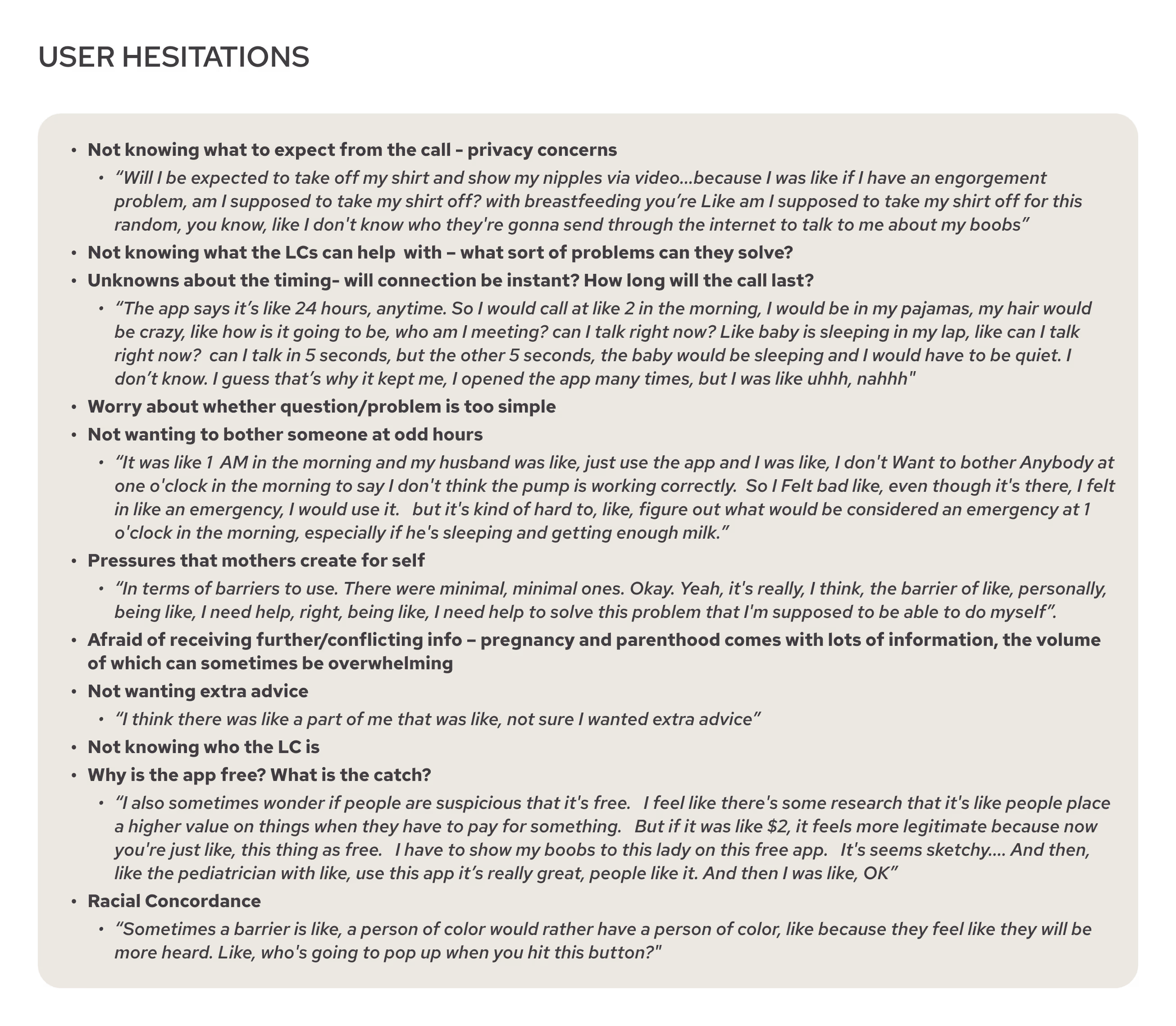 List of user hesitations toward the Pacify app, including privacy concerns, timing uncertainty, distrust of free apps, and questions about racial concordance with providers.
