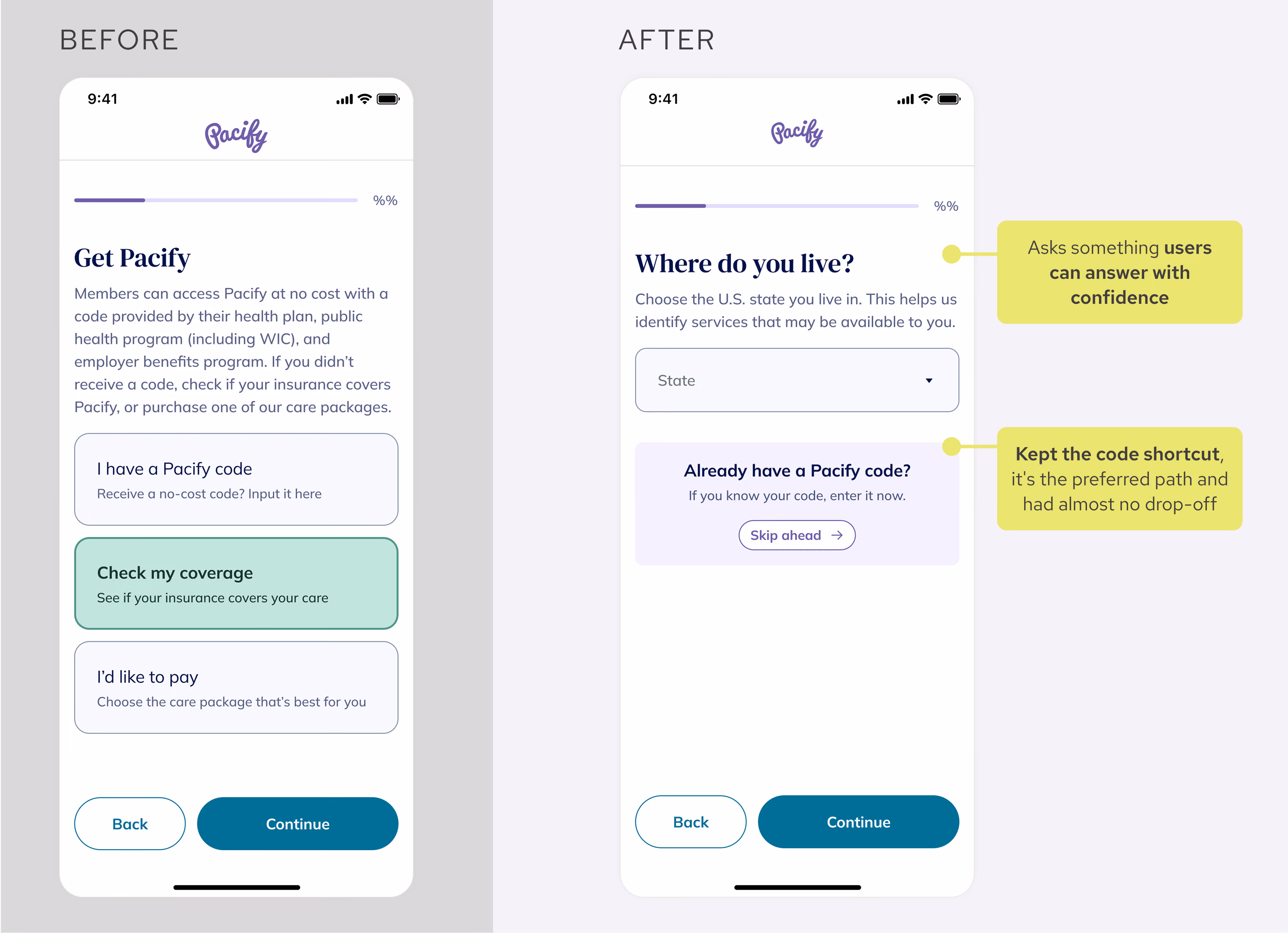 Before and after of the onboarding entry screen. Before: three options to enter a code, check coverage, or pay. After: a state selector, with a shortcut for users who already have a code.