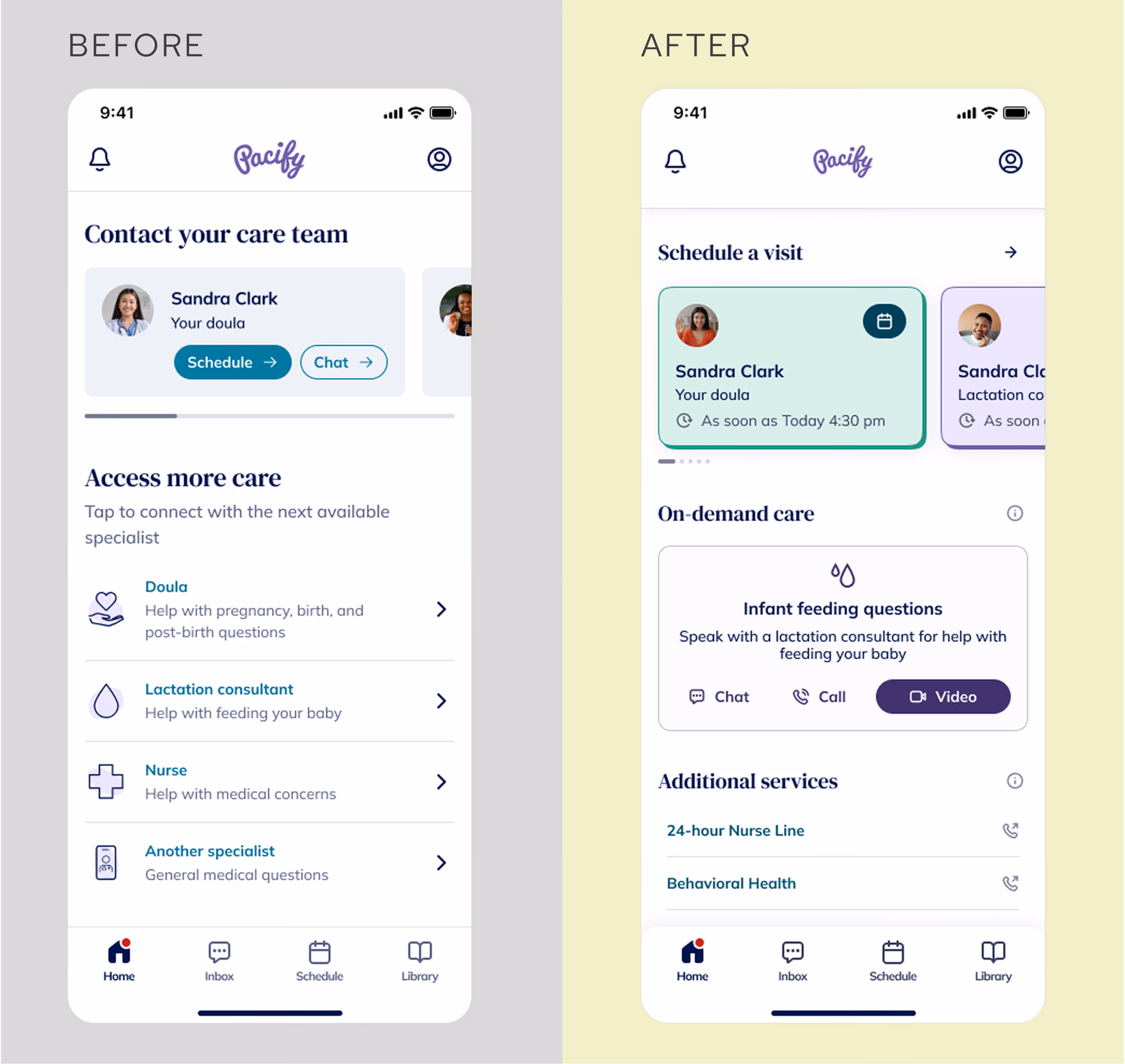 Before and after of the home dashboard for a returning user. Before: a single card and a scrollable list of every care option. After: prioritized scheduling and on-demand cards up top, with additional services like the nurse line and behavioral health moved into their own section.