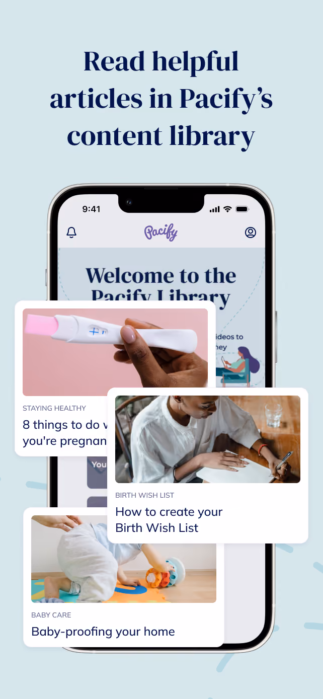 App screen showing the Pacify content library homepage with article cards on pregnancy health, birth wish lists, and baby-proofing, under the headline 'Read helpful articles in Pacify's content library.'