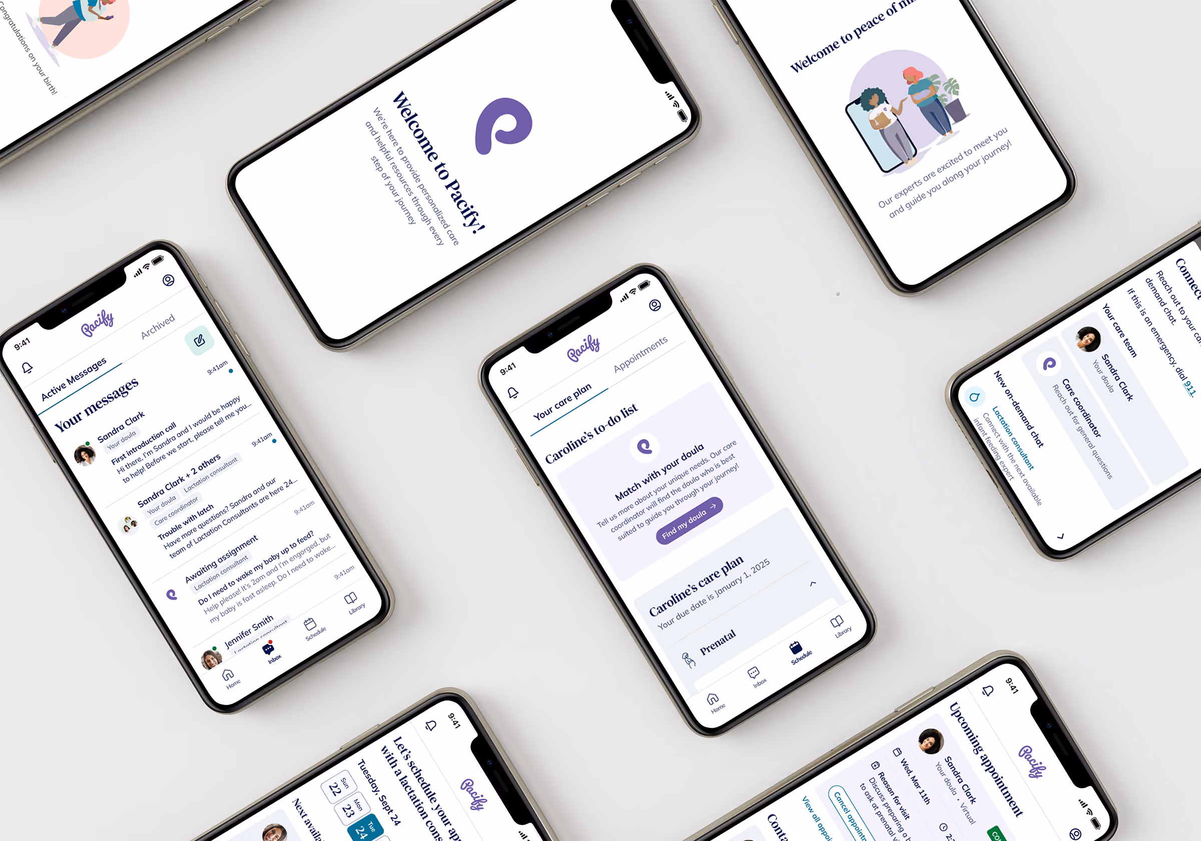 Angled collage of Pacify app screens, including onboarding, doula messaging, care plan to-do list, and appointment scheduling.