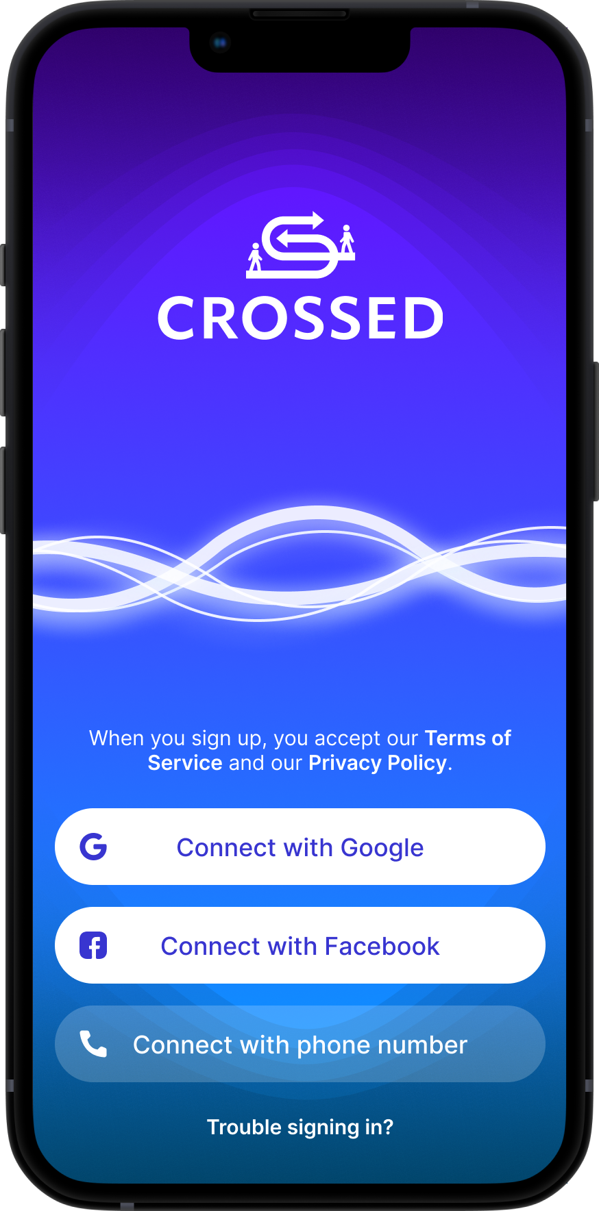 Just Crossed Log in / Sign Up Screen