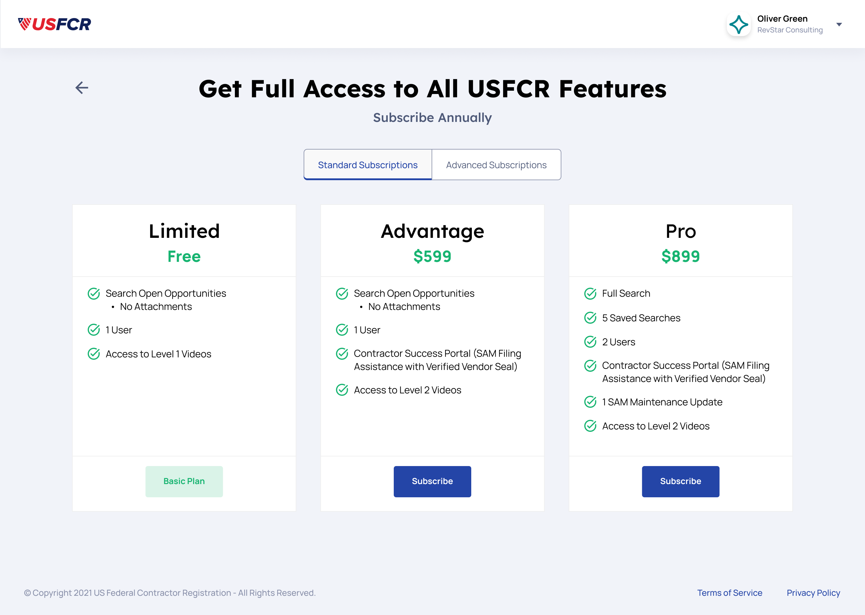USFCR Subscriptions page