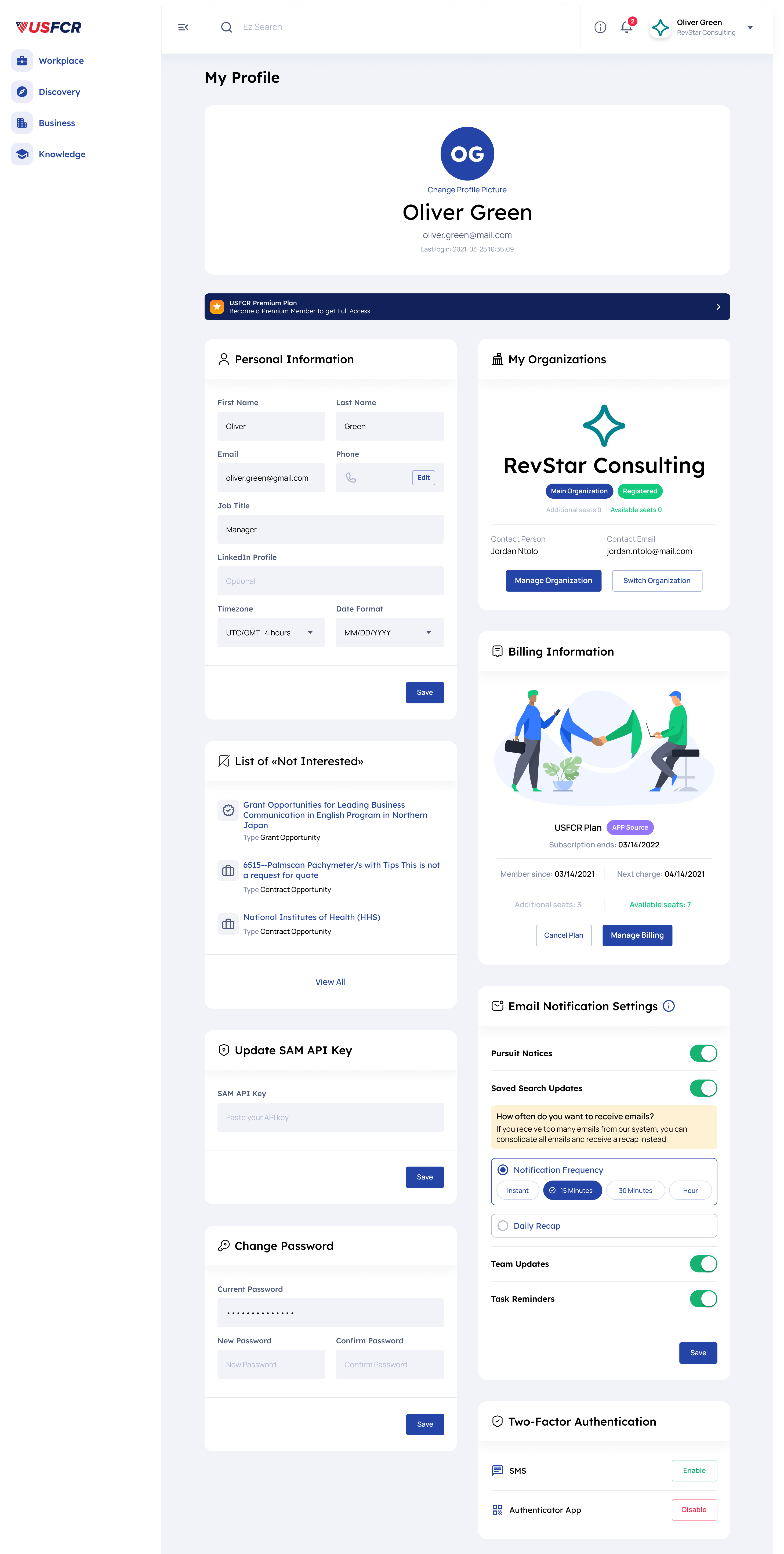 USFCR My Profile page