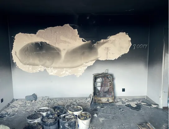 Room with severe fire damage showing peeled wall plaster, burnt floor, and destroyed furniture.