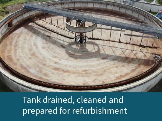 Settlement tank drained, cleaned and prepared for refurbishment