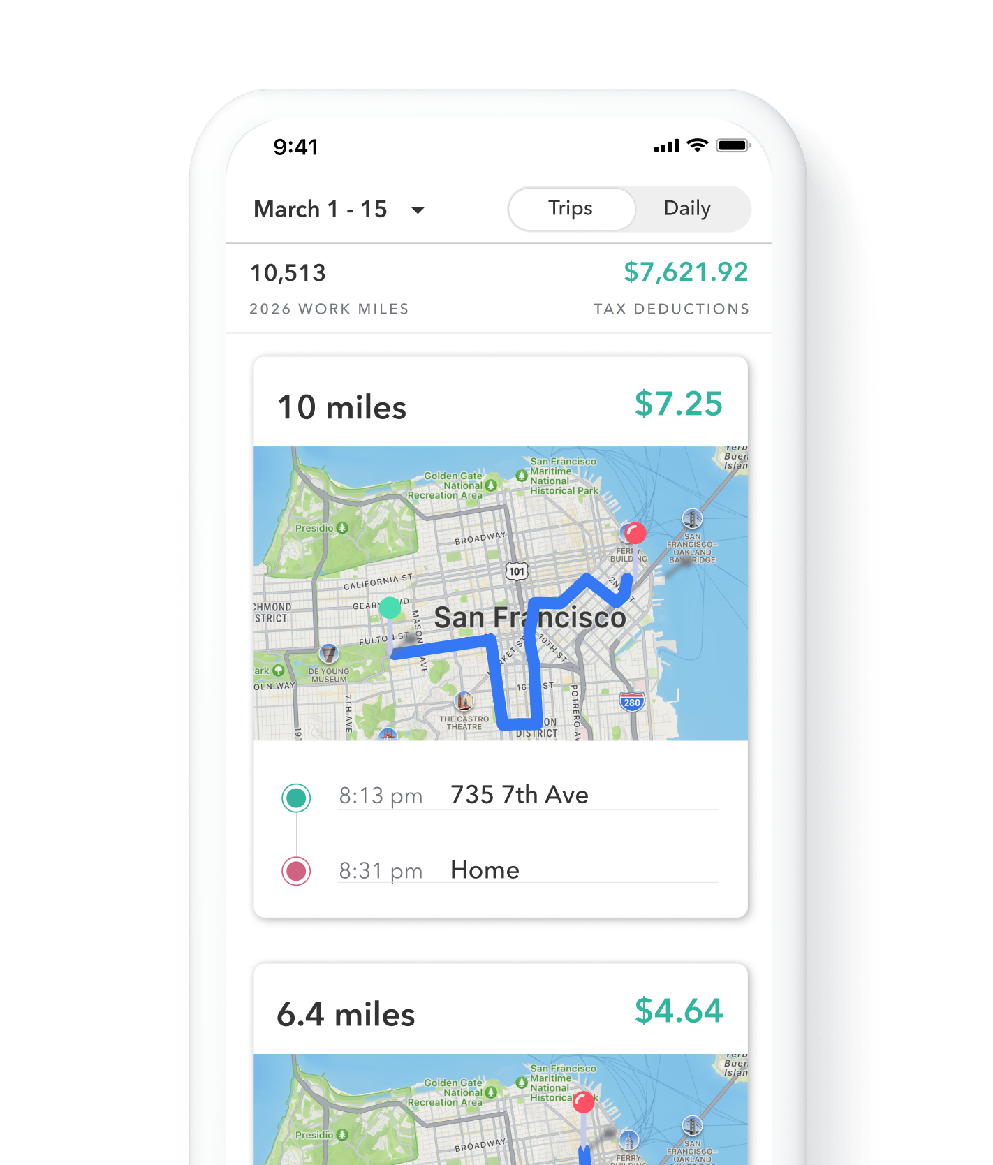 Everlance app showing tracked trips and tax deductions