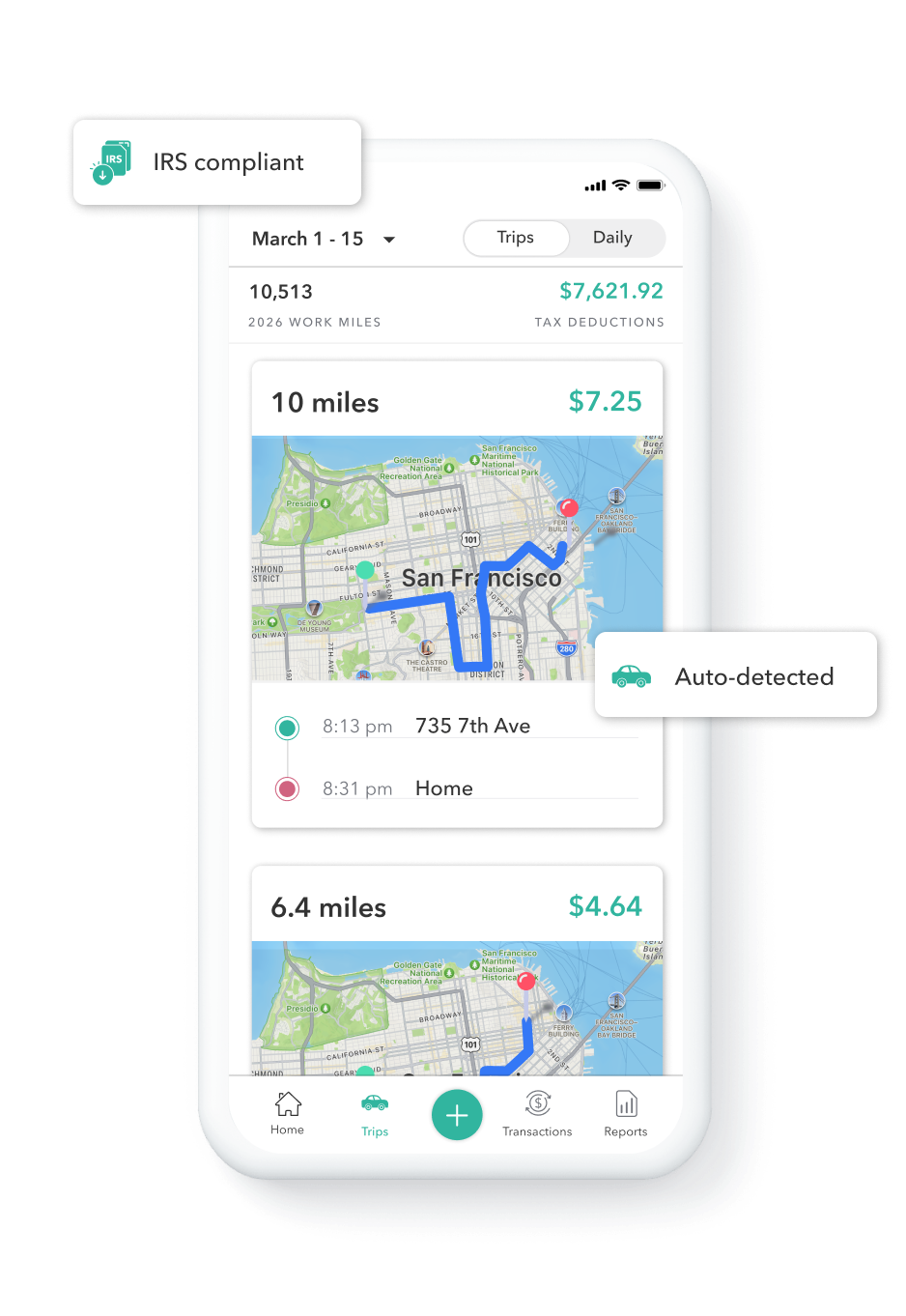 Everlance app showing tracked trips and tax deductions