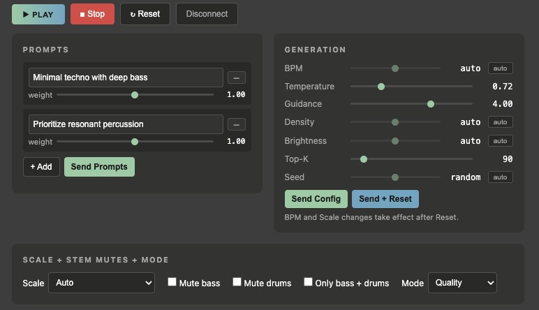 Composer software: prompt input and generation controls including BPM, temperature, guidance, density, and brightness
