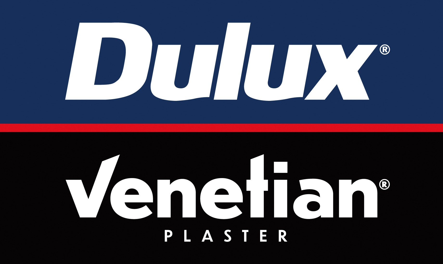 Dulux Venetian Plaster logo with Dulux in white on blue background and Venetian Plaster in white on black background separated by a red line.