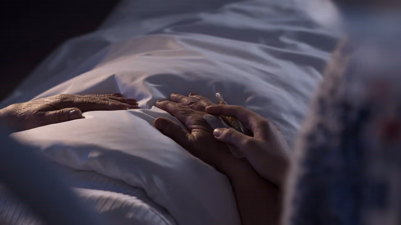 A terminally ill patient in a hospital bed as a person sits next to them with their hand on the person in the bed's hand.