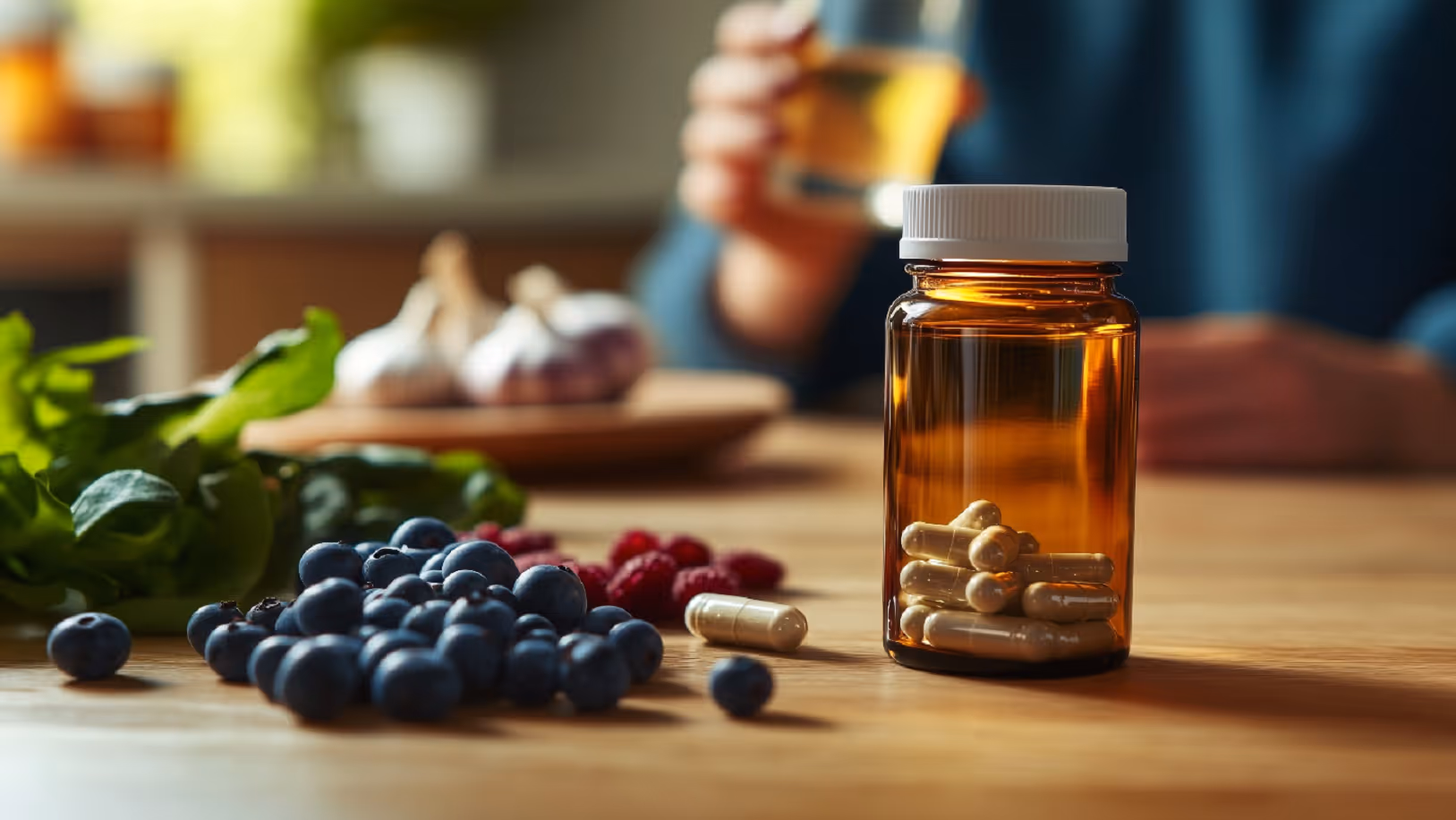 Close-up of a supplement bottle on a wooden table surrounded by gut-healthy foods
