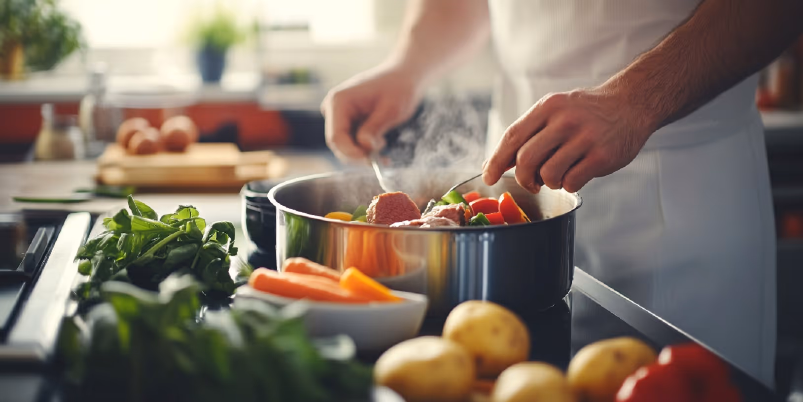 A man in a white apron cooking a colourful, vegetable-filled meal in a steaming pot on a kitchen stove, surrounded by fresh produce like carrots, potatoes, and herbs.
