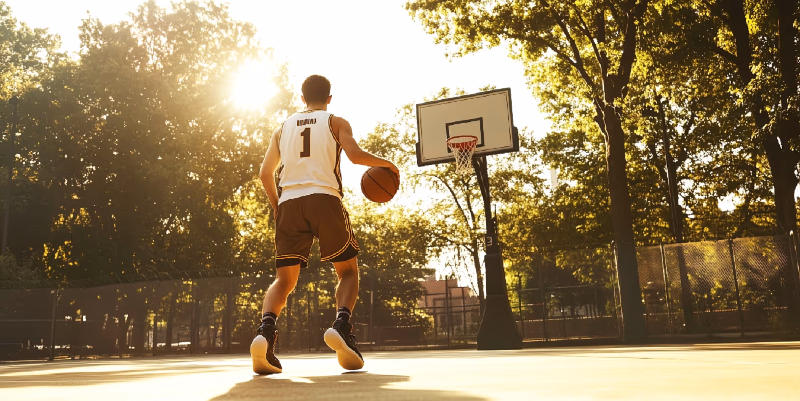 A male basketball player dribbling a ball toward the hoop on an outdoor court during sunset, surrounded by tall trees and golden light.