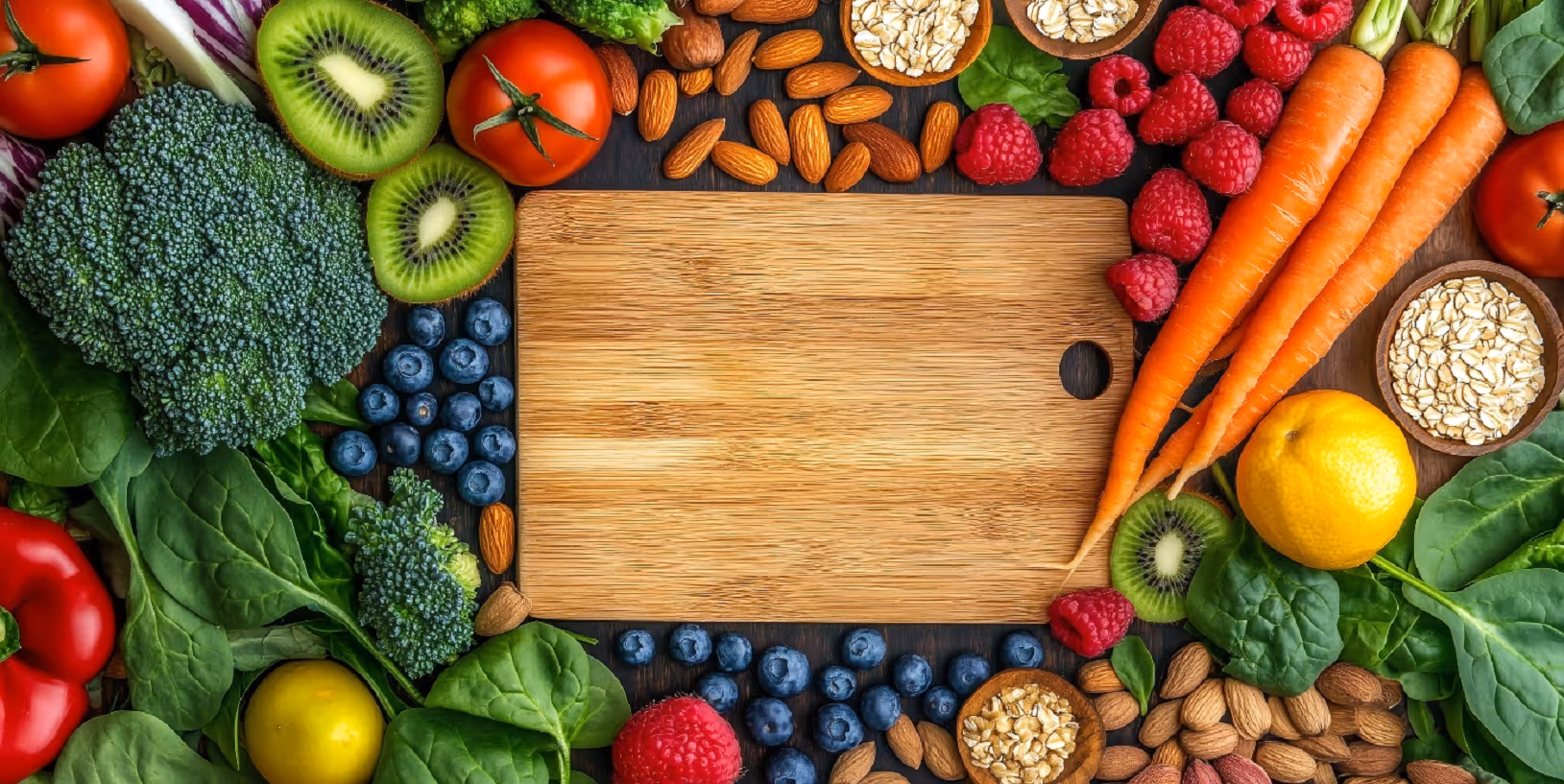 A wooden cutting board surrounded by a colourful assortment of fresh fruits, vegetables, nuts, and oats arranged neatly on a dark surface.