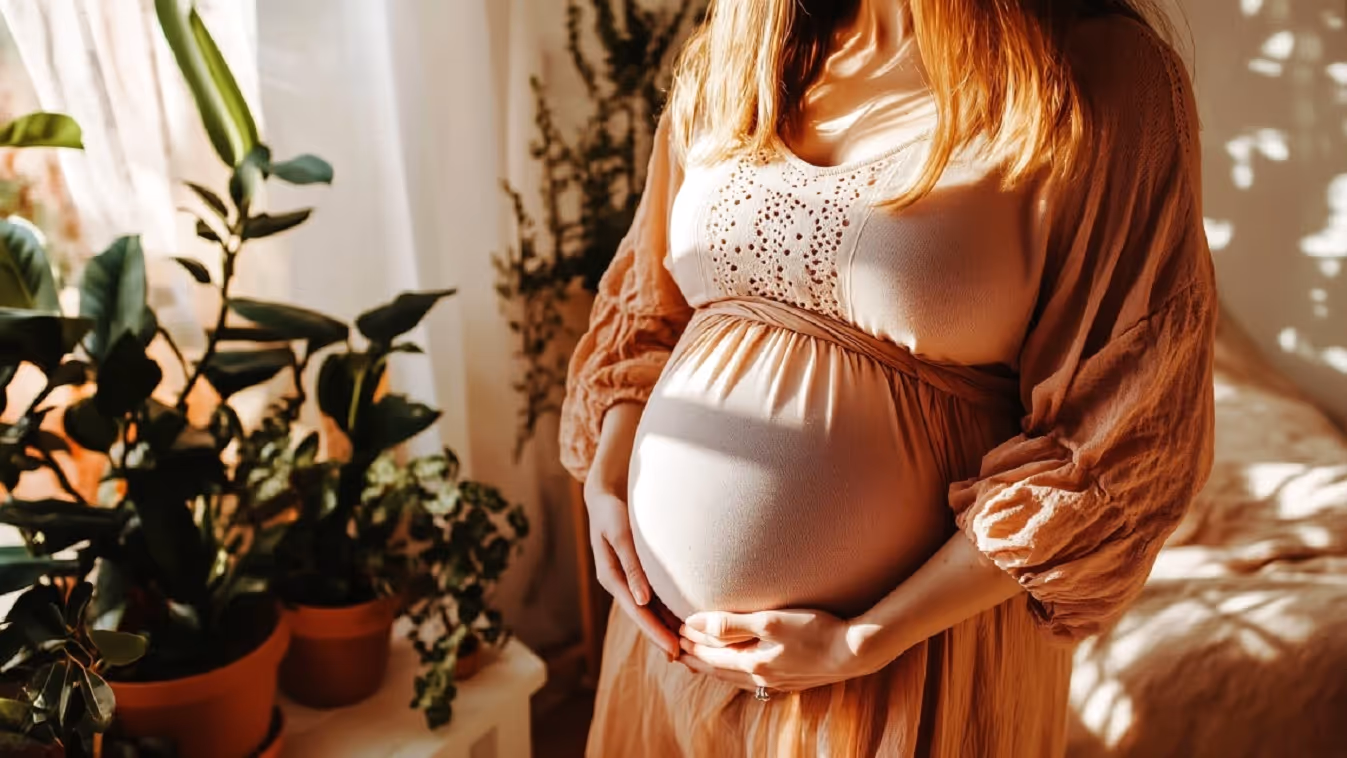 Pregnant woman gently holding her belly in a sunlit room