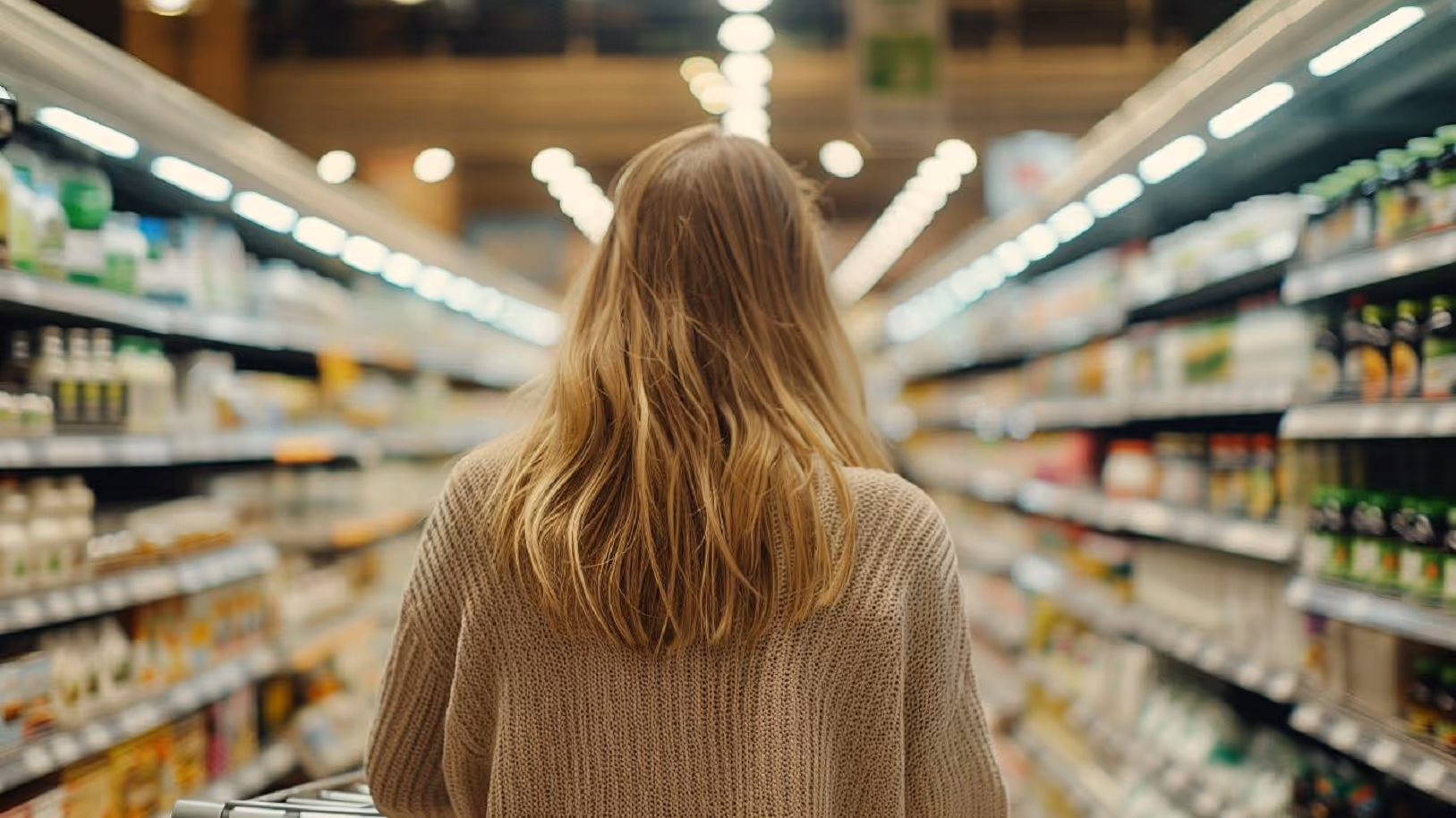 Woman in a supermarket aisle, seen from behind, browsing shelves of products