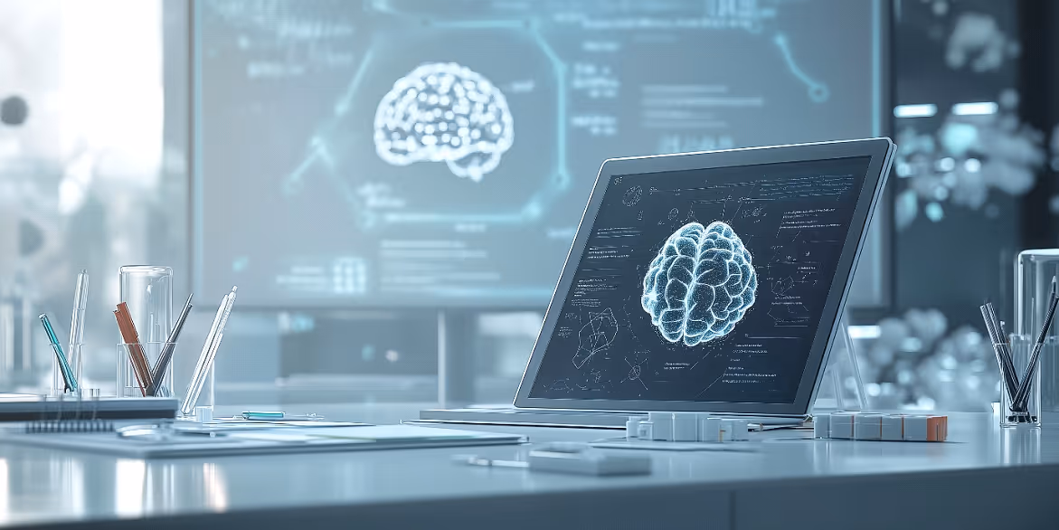 Modern research lab with a digital tablet displaying a brain diagram and data analysis