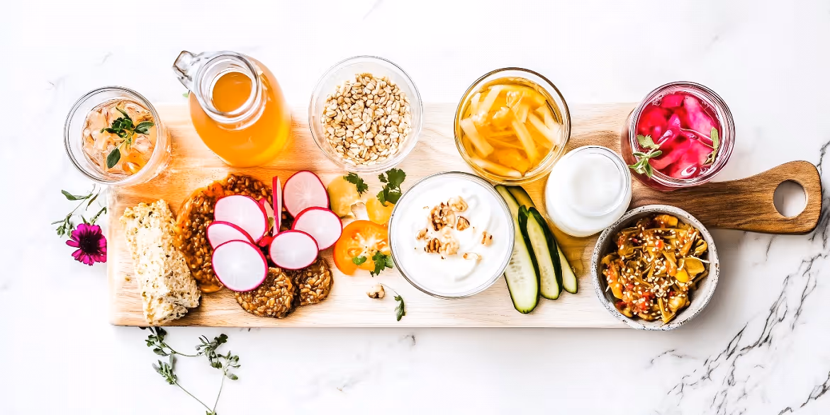 A wooden serving board topped with a variety of gut-friendly fermented foods including yogurt, pickled vegetables, kombucha, radishes, and granola, arranged on a white marble surface.
