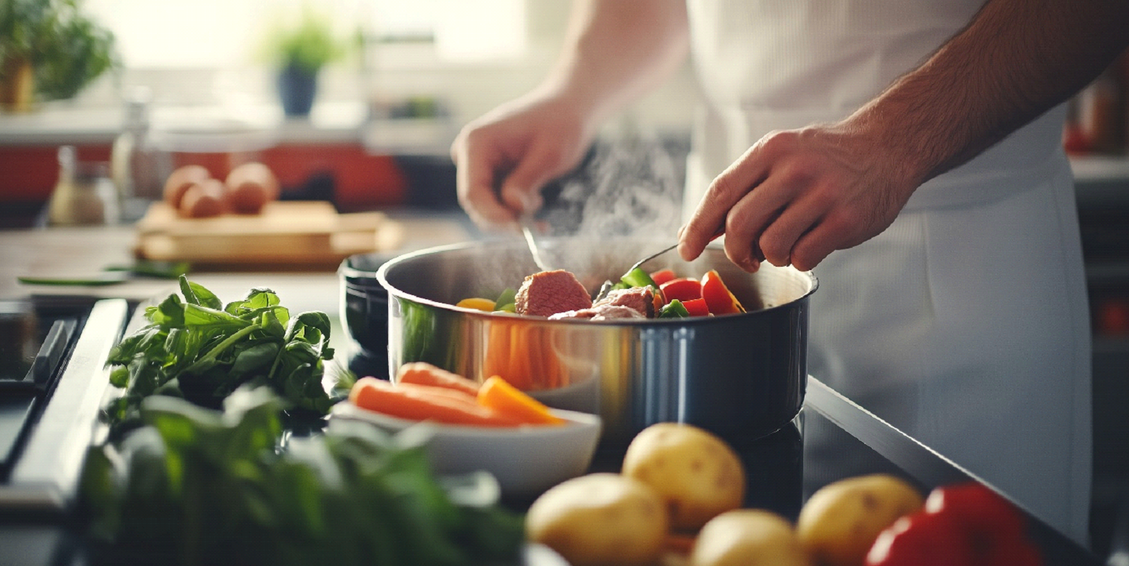 A man in a white apron cooking a colourful, vegetable-filled meal in a steaming pot on a kitchen stove, surrounded by fresh produce like carrots, potatoes, and herbs.