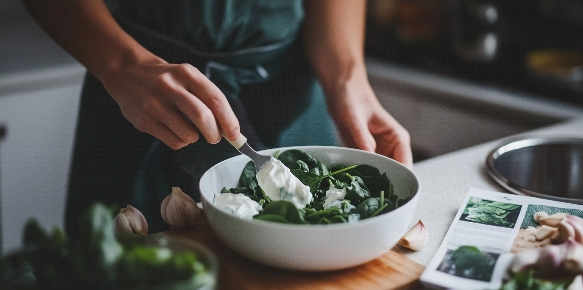 Close-up of a person preparing a bowl of spinach topped with yogurt, with garlic cloves