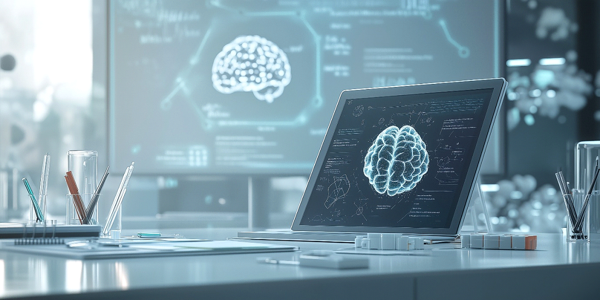 Modern research lab with a digital tablet displaying a brain diagram and data analysis