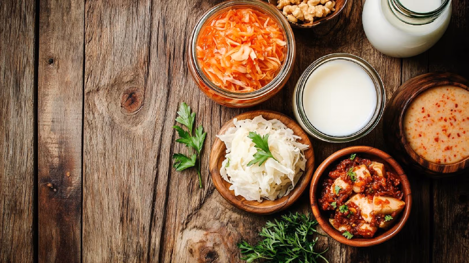 A rustic wooden table displaying an assortment of gut-friendly fermented foods, including kimchi, sauerkraut, kefir in a glass, creamy fermented yogurt drink, walnuts, and fresh parsley, all arranged in wooden and ceramic bowls