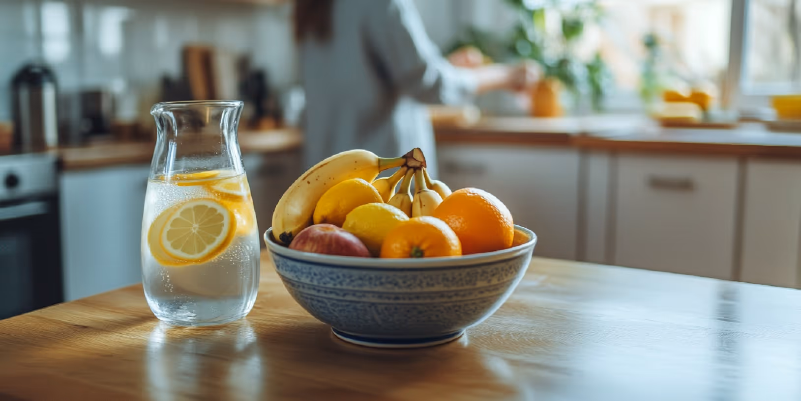 A bowl of fresh fruit on a kitchen counter beside a jug of lemon water