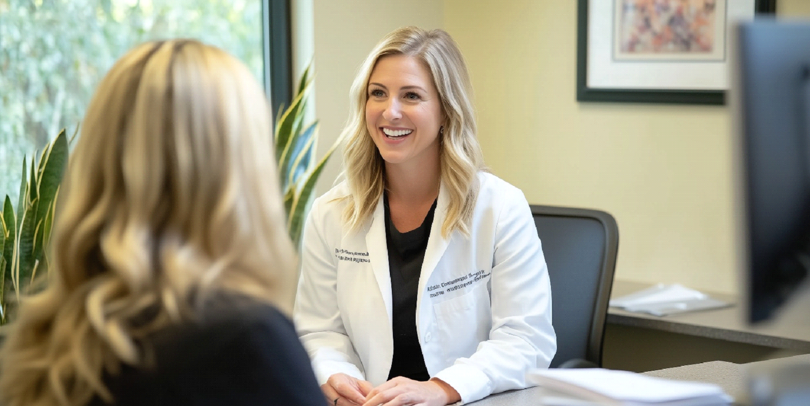 A female doctor in a white coat smiling while talking to a patient across the desk in a bright medical office