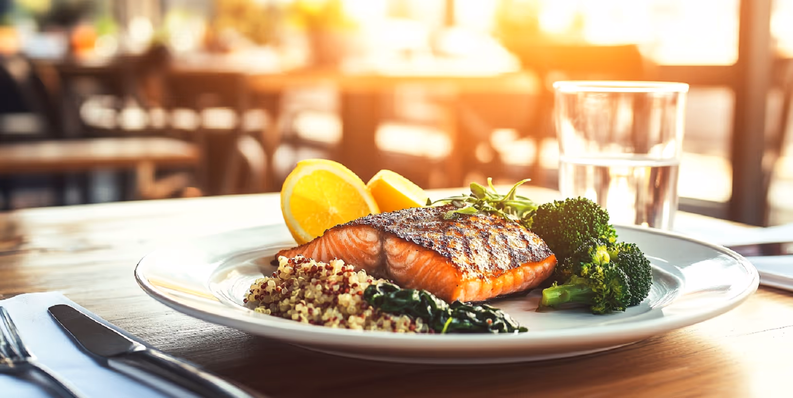 Grilled salmon served with quinoa, sautéed spinach, steamed broccoli, and lemon wedges on a white plate, with a glass of water in the background, set on a wooden table in a bright, sunlit dining space.