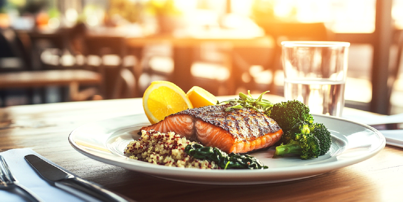 Grilled salmon served with quinoa, sautéed spinach, steamed broccoli, and lemon wedges on a white plate, with a glass of water in the background, set on a wooden table in a bright, sunlit dining space.