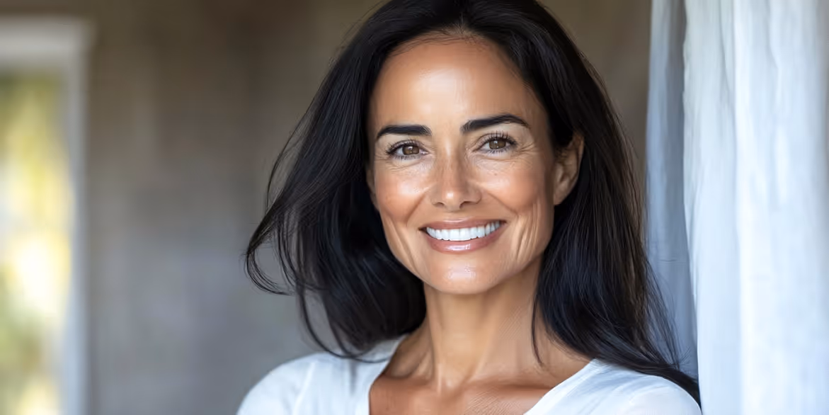 Close-up portrait of a mature woman with glowing, healthy skin