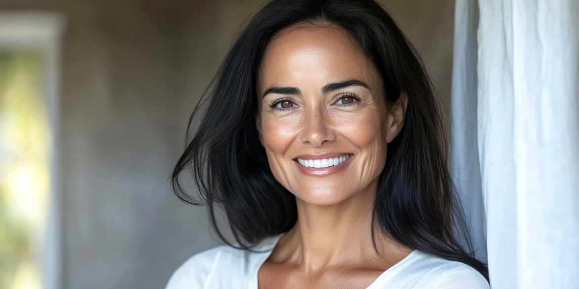 Close-up portrait of a mature woman with glowing, healthy skin