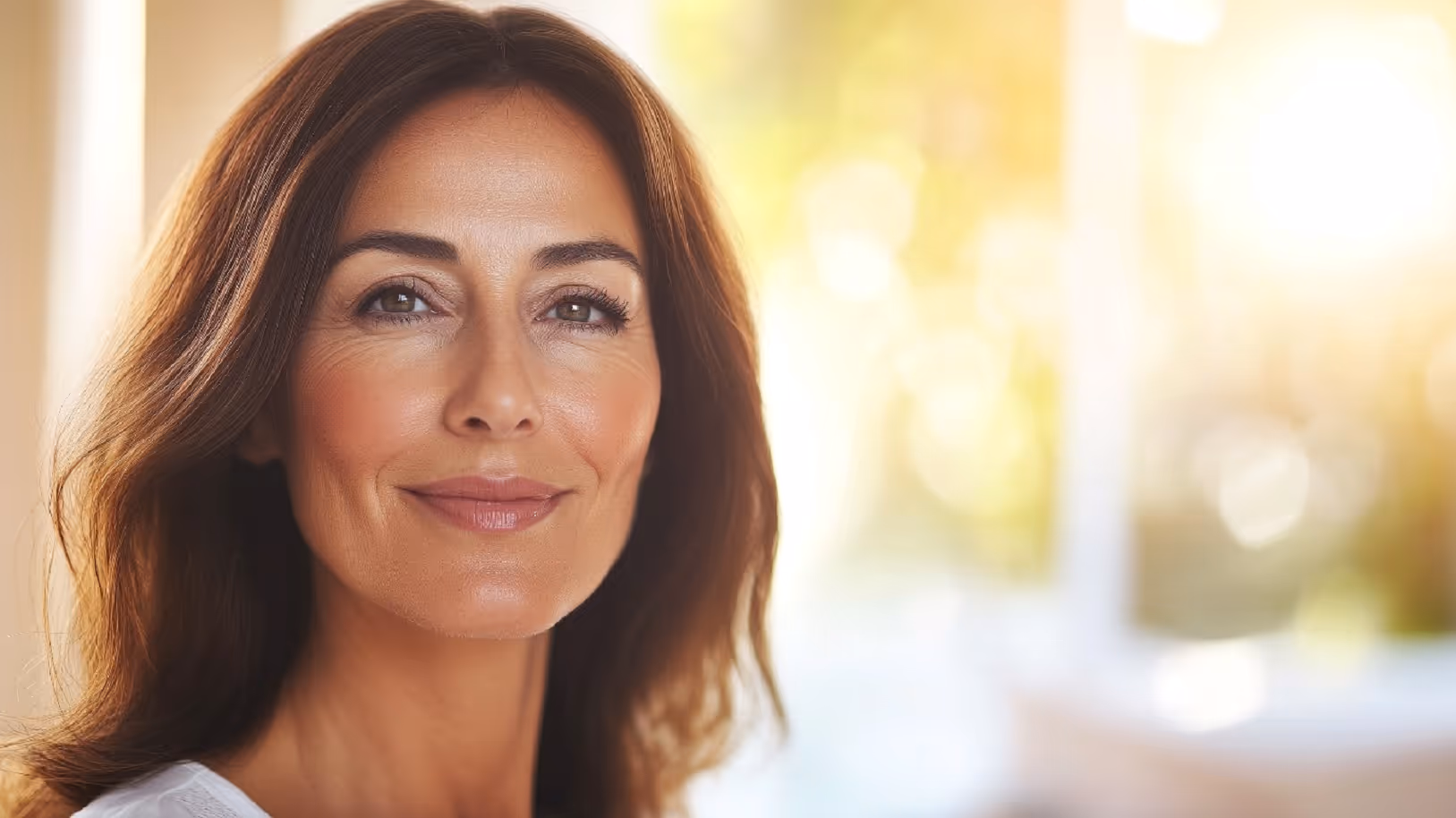 Confident woman with glowing, healthy skin in soft natural light.