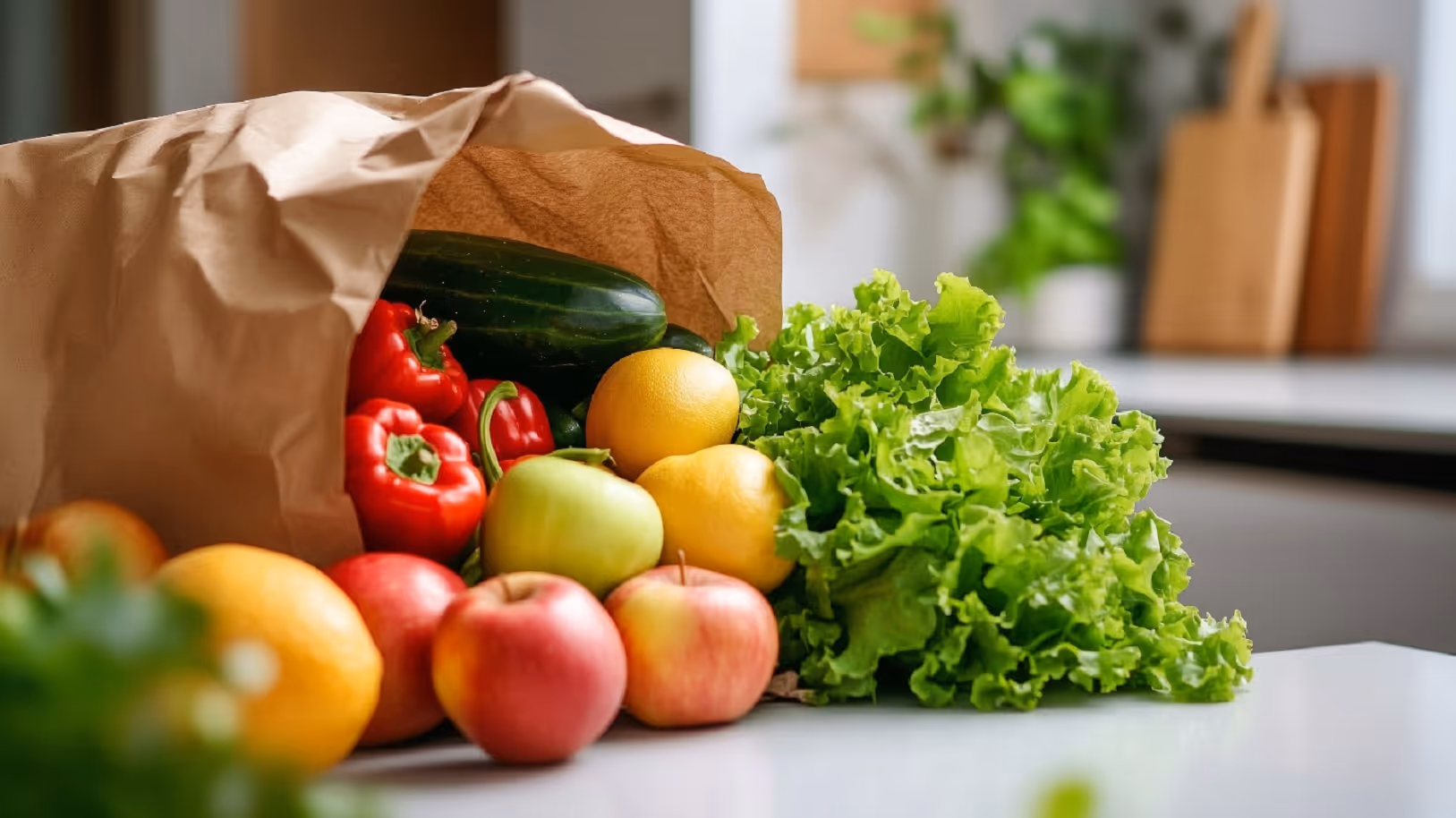 A paper grocery bag on a kitchen counter with fresh produce spilling out