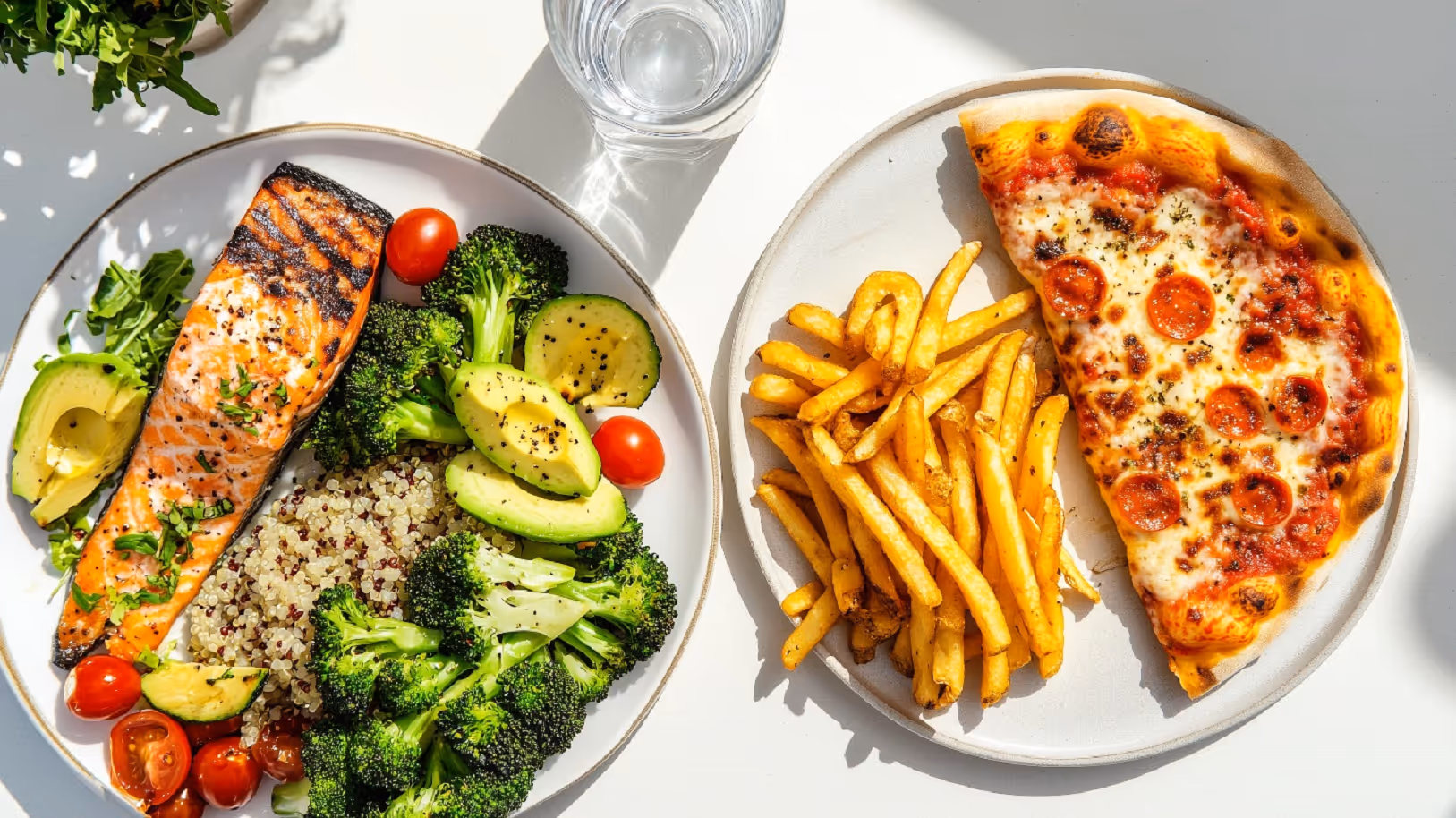 A healthy meal with salmon and veggies next to an unhealthy meal with pizza and fries