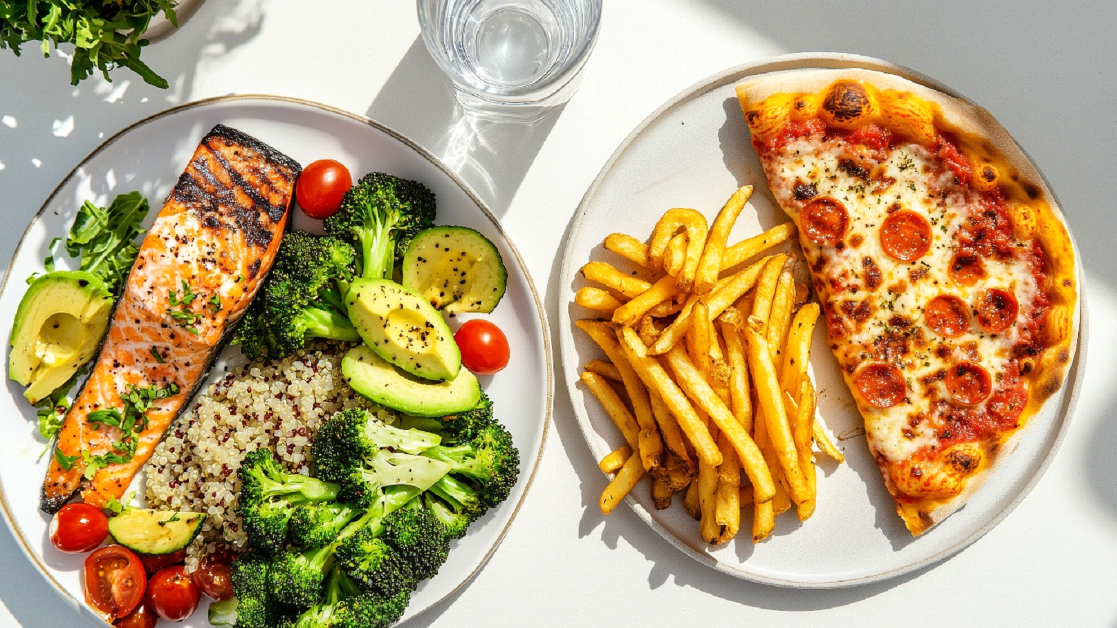 A healthy meal with salmon and veggies next to an unhealthy meal with pizza and fries