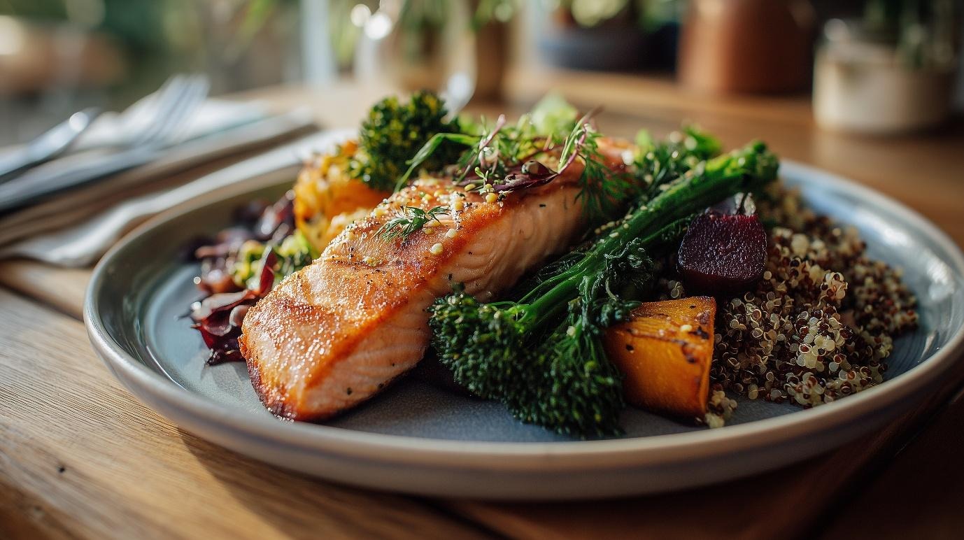 A colourful plate with grilled salmon, roasted pumpkin, beetroot, broccolini, and quinoa, garnished with fresh herbs, served on a grey plate at a wooden table.